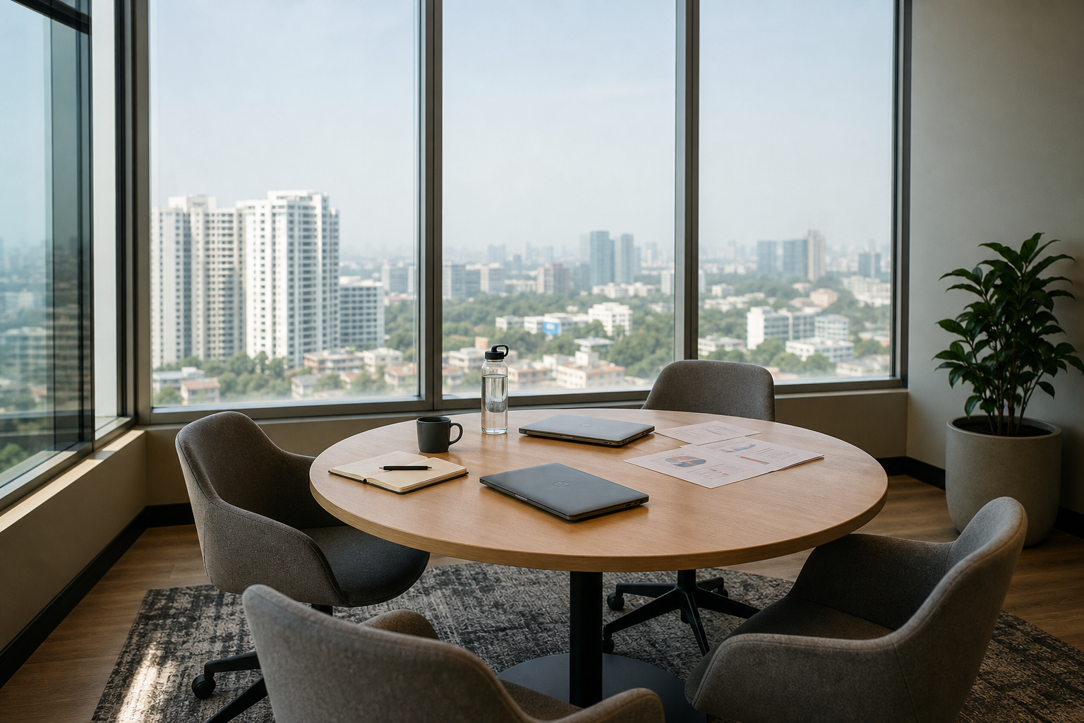 Empty Bengaluru meeting space with laptops and city windows