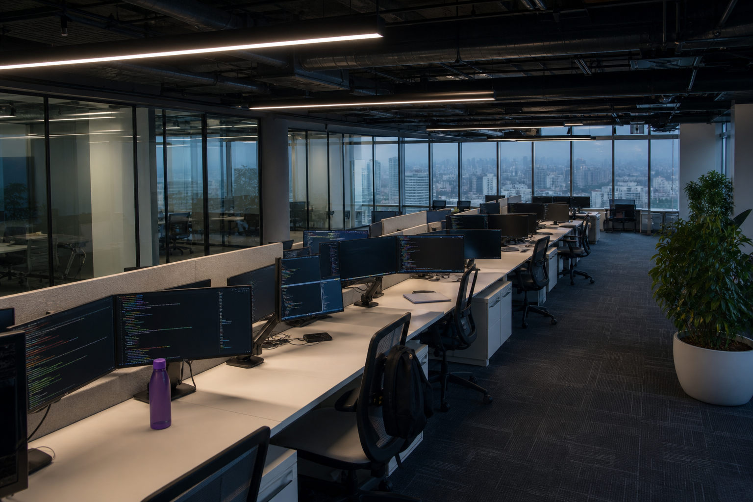 Empty Bengaluru office with desks, monitors, and city windows