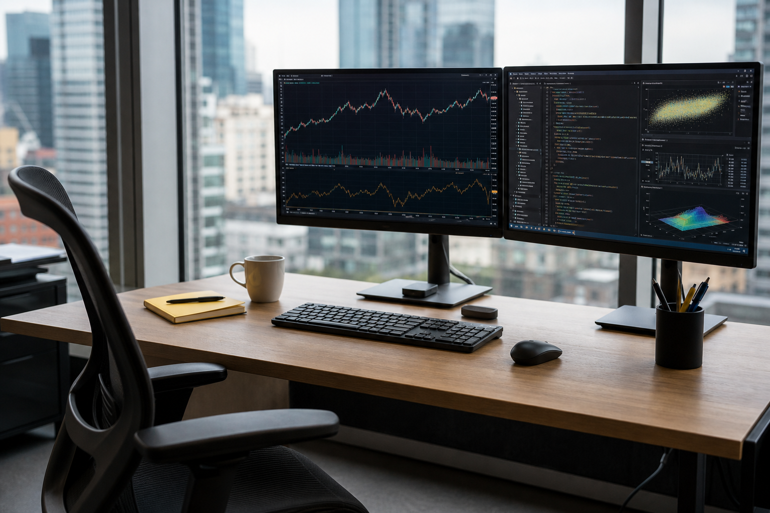 Empty research workstation with charts and code on dual monitors