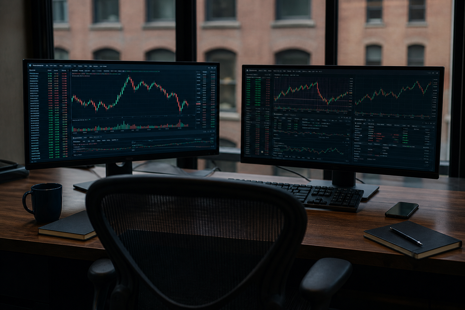 Empty trading desk with monitors showing market activity