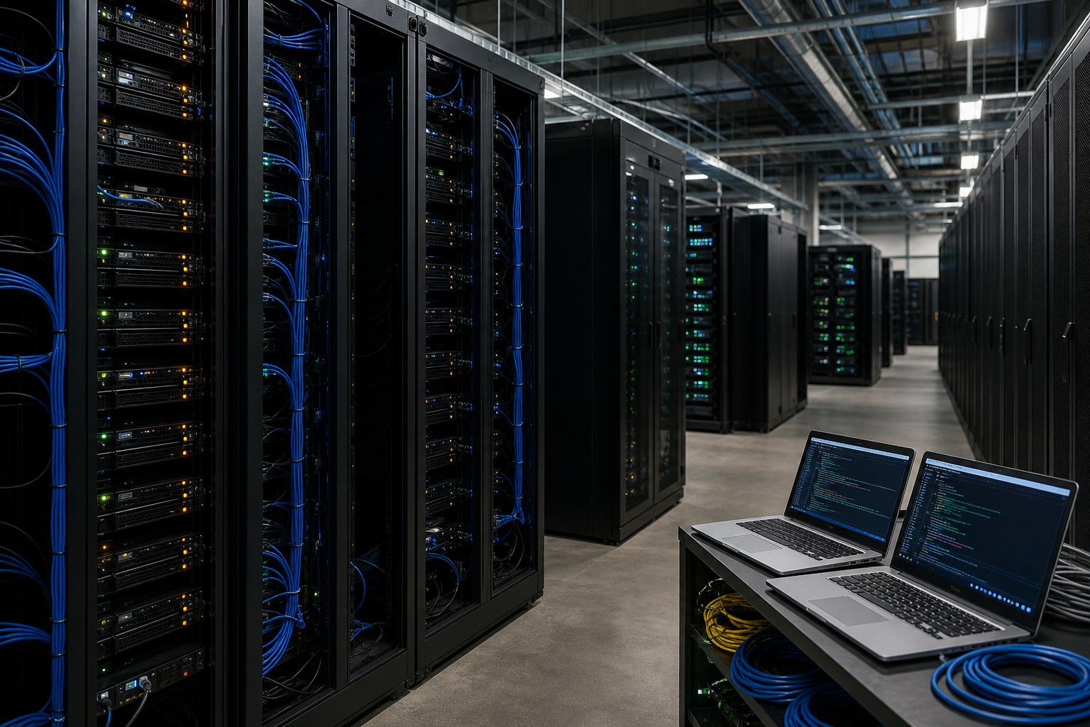 Empty server room with racks, cables, and laptops