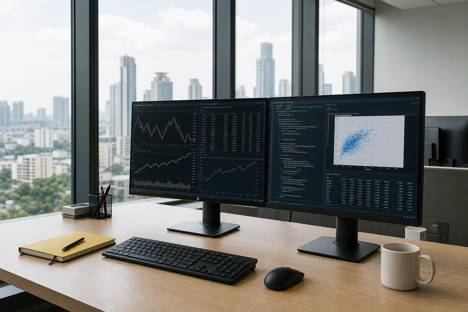 Empty research desk with charts and code on dual monitors