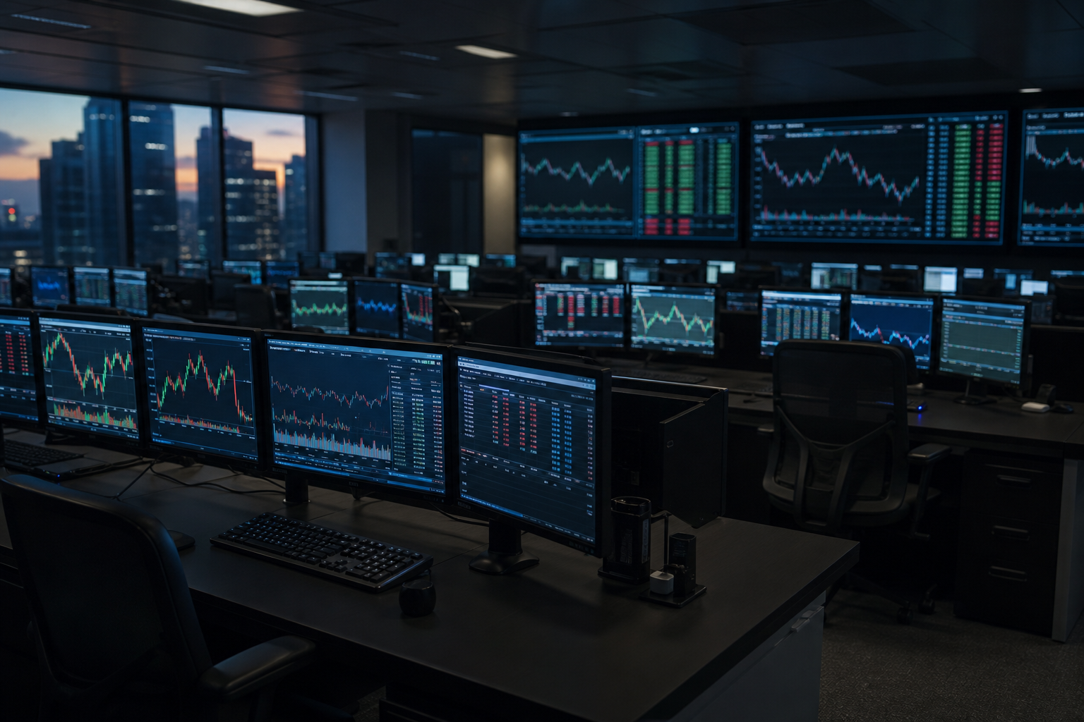 Empty trading floor with market screens and unoccupied desks